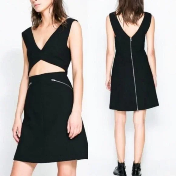 Zara Woman Cut Out Black Fit and Flare Dress with Exposed Zipper- Size small